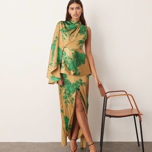 ARRANGE asymmetric cape sleeve drape panel midi dress in floral print 8